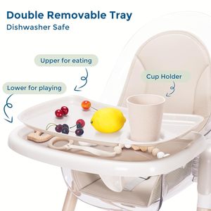 Chaise haute multifonctionnelle réglable pour bébé, style moderne, en bois, pour l'alimentation et l'allaitement, avec double plateau en plastique de qualité alimentaire - Product Image 4