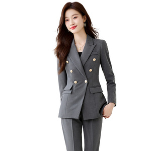 Women's Suit Set Black Double Breasted Blazer Pants Office Lady Formal Wear Spring Autumn Anti-Wrinkle Polyester Fabric - Product Image 5