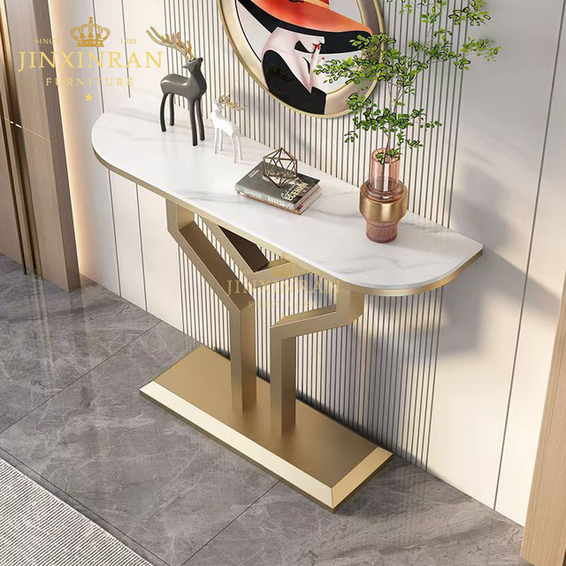White Sintered Stone Half Moon Console Table Gold Iron Y Shape Frame Entryway Hallway Living Room Accent Furniture Wall Table