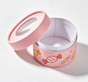 Custom Eco-Friendly Pink Round Paper Tube <b>Box</b> with Gold Foil Printing and <b>Clear</b> Window <b>Lid</b> for Candy and <b>Gift</b> Packaging - Product Image 3