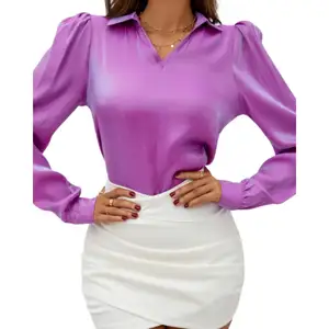 Purple Long Sleeve Lapel Design Spring Casual Women Satin Shirt