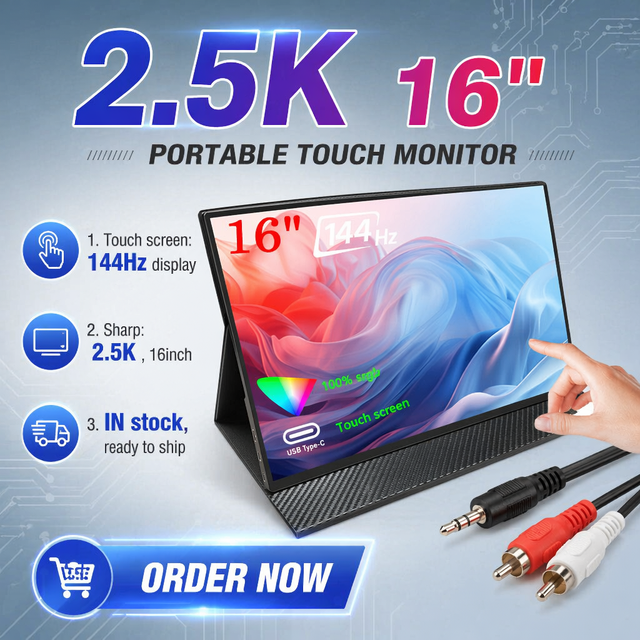 2.5K Portable Monitor Touch Screen 144hz 16" 2560x1600 QHD Portable Gaming Monitor HDR Laptop Monitor External Second Screen