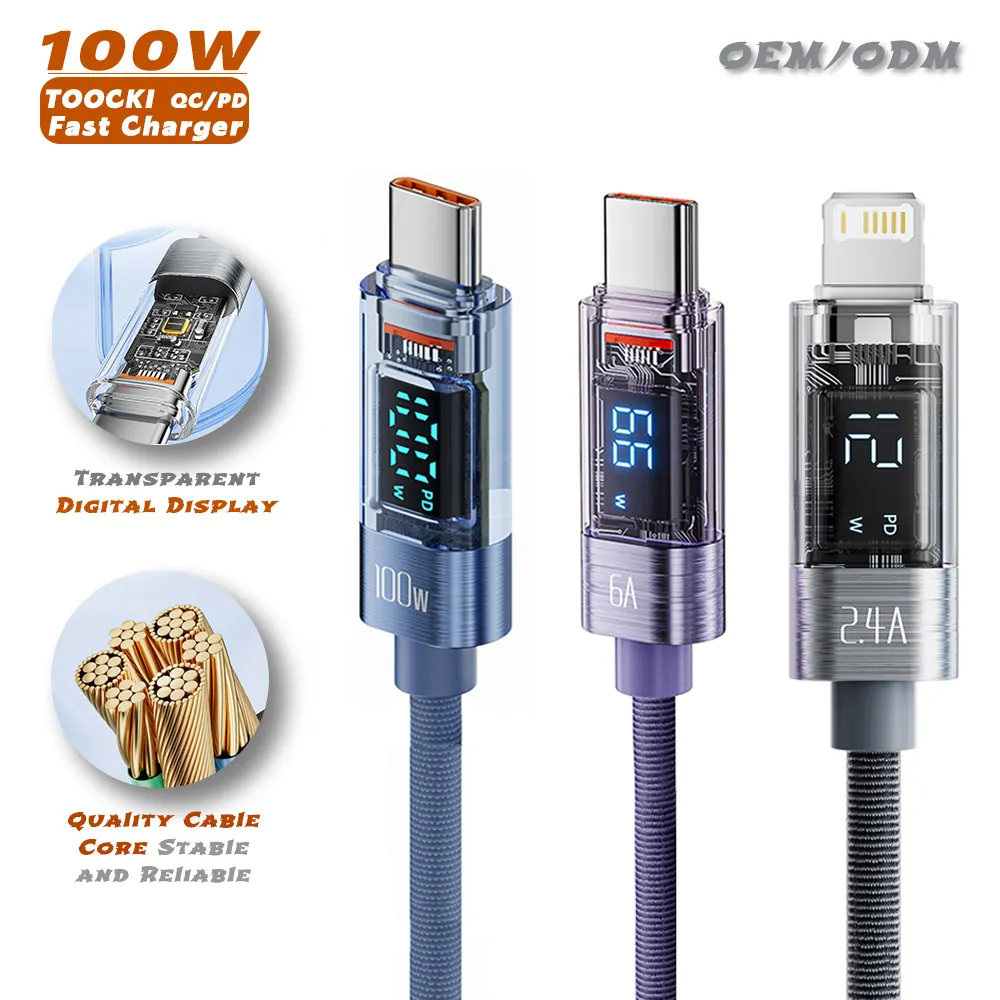 Toocki Trend Datakabel 100W Snel Opladen Kabel Usb Tipo C Qc Pd Kabel Usb Type C Kabel Met Led Display Cabo Tipo C