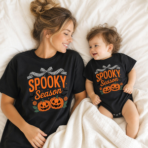 Disfraz de Halloween de algodón para recién nacido, mono, camiseta de manga corta para mamá, negro, diseño personalizado, conjunto familiar a juego para bebé - Product Image 1