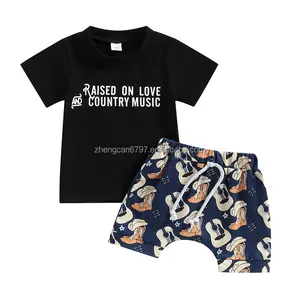 Groothandel Kleine Jongens Kleurrijke Pakken Zomer Casual Voor Kinderen Gitaar Printing Shorts Met Letter Top Sets