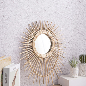 Rattan Woven <b>Mirror</b> Round Natural Color Framed Wall Mounted Decorative <b>Hanging</b> <b>Mirror</b> For Living Room Studio Guesthouse - Product Image 1