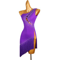 Robe de danse courte asymétrique à strass et franges pour la performance et la compétition de danse latine
