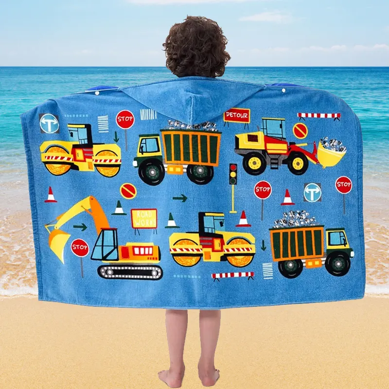 Goedkope Groothandel Custom Kids Zwemmen Haai Cartoon Print Microfiber Capuchon Poncho Gerecycled Polyester Strandlaken Voor Kinderen