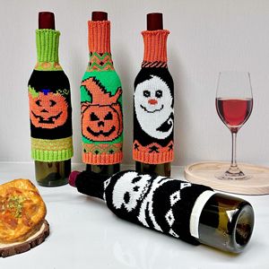 Decoración de Botellas de Vino para Mesa de Halloween, Funda de Botella de Vino Tejida Navideña con Diseño de <span class=keywords><strong>Calabaza</strong></span>, Fantasma, Calavera y Araña - Product Image 2