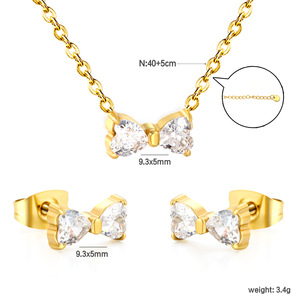 Conjunto de aretes y collar de acero inoxidable con lazo para mujer, joyería de fiesta con diamante blanco y piedra rosa. - Product Image 4