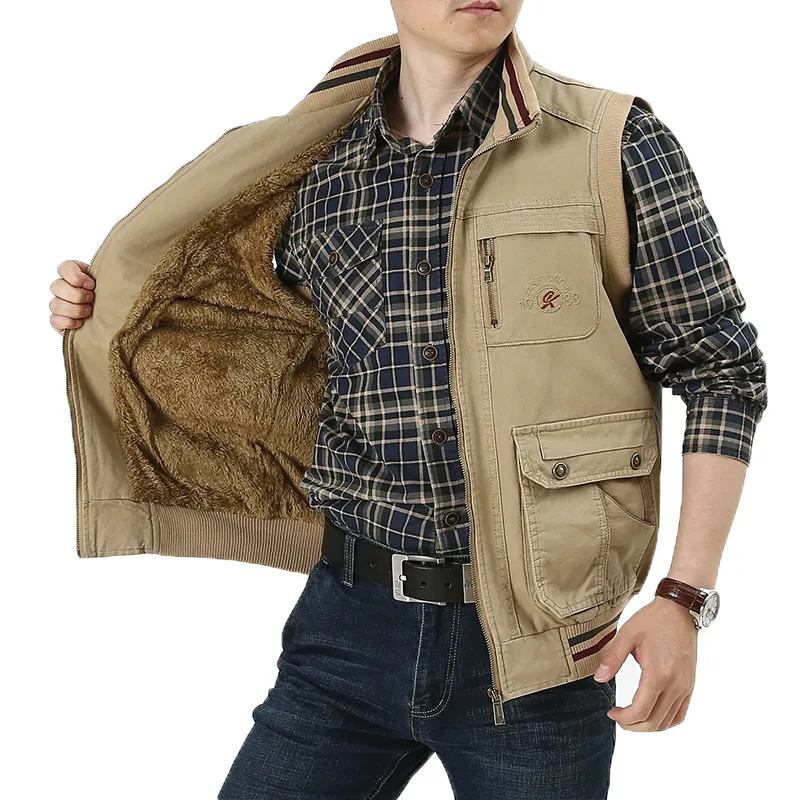 Cotton Vest with Fleece Lining Men's Classic Sleeveless Vest with Zipper Khaki and Army Green Practical Cargo Vest Coat