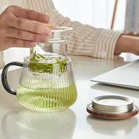Mug à thé en verre à rayures verticales avec couvercle en bois, infuseur à thé amovible, tasse à thé de bureau pour thé en feuilles