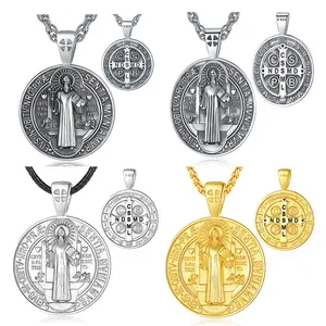 Changda joyería de protección religiosa 925 cruz de plata esterlina oro Santo San Benedicto colgante collar para hombres