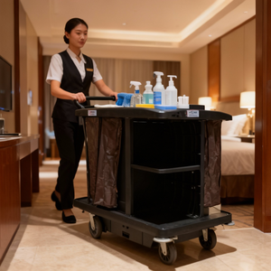 Chariot de ménage en plastique électrique commercial |   Chariot de nettoyage d'hôtel à batterie avec étagères réglables Capacité de 300 kg - Product Image 3