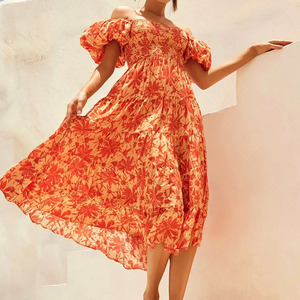 Новое повседневное платье макси из вискозы с гавайским принтом, оборками, пышными рукавами и многослойной юбкой без бретелек, на заказ - Product Image 3