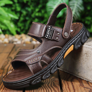 Sandales pour hommes en cuir de vachette première couche, à brides croisées, bout ouvert, semelle extérieure en caoutchouc antidérapante, chaussures décontractées d'été - Product Image 2