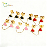 316L Edelstahl Herz-Emaille-Ohrstecker mit Kette, Doppelpiercing, Mehrere Farben, Hypoallergen, Anpassbar