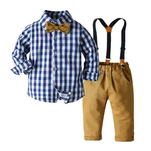 Meninos Outono Camisa Xadrez De Algodão Azul Com Laço E Suspender Calças 2pcs Outfit Set