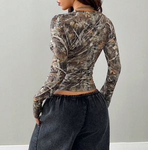 เสื้อครอปถักทรงสี่เหลี่ยมแขนยาวเข้ารูปพิมพ์ลายใบไม้เป็นมิตรกับสิ่งแวดล้อมชุดแนวสตรีทแบบลำลองเซ็กซี่ใส่ไปปาร์ตี้ทุกวัน - Product Image 2