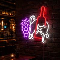 Enseigne néon LED Chat avec bouteille de vin et raisin, lumière néon personnalisée sur panneau acrylique pour décoration murale de bar