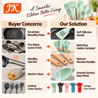 Ensemble d'ustensiles de cuisine en silicone Jinke, 12 pièces, manche en bois, antiadhésif, écologique, spatule, cuillère, fouet, support de rangement