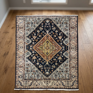 Tapis rectangulaire en laine et polyester noué à la main avec dos antidérapant pour salon - Product Image 4