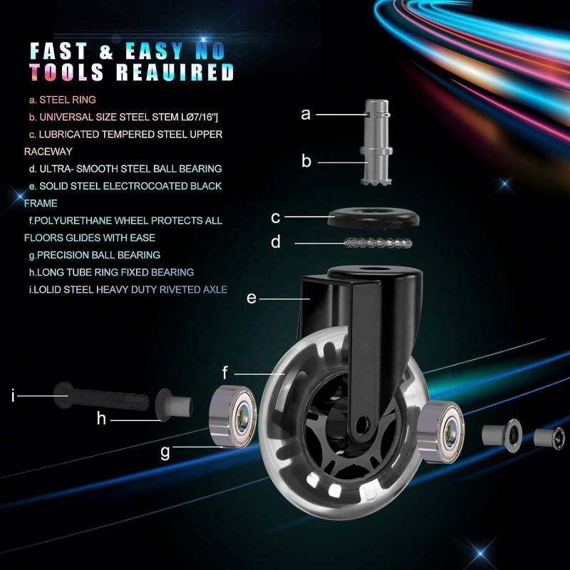 Office Caster RGB Color Changing Lights 3 Inch Roller Bearing Replacement Gaming Chair Casters Rubber Wheels Hospital Bathroom