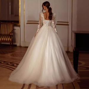 V-Neck <b>Lace</b> Ball Gown Wedding Dress Natural Waist Vintage Style Pure <b>White</b> Ivory Polyester Fabric - Product Image 2