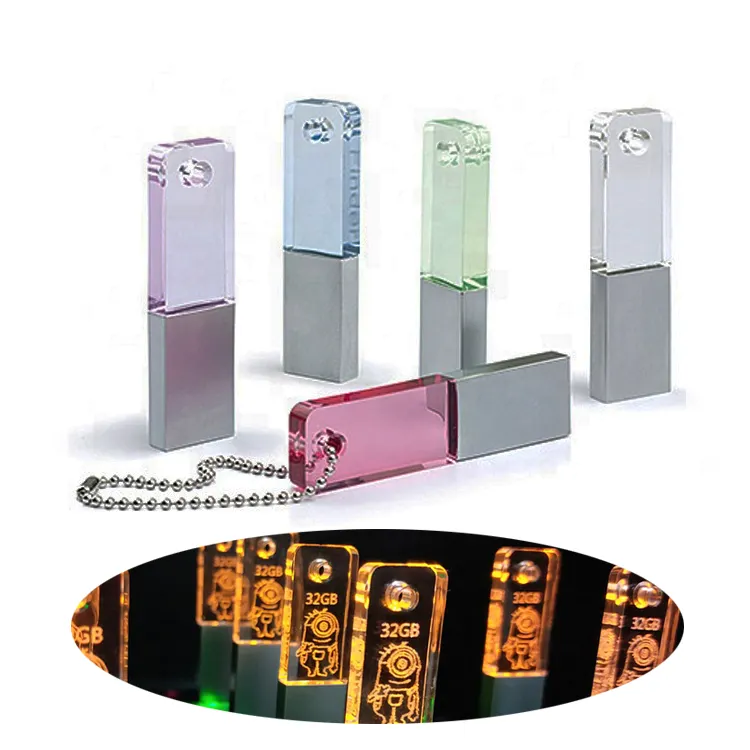 Mini clé USB en métal acrylique 2.0 personnalisée 3D, clé USB en cristal avec LED en surbrillance à l'intérieur pour la promotion publicitaire