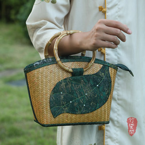 Bamboo Woven Green Leaf Handbag Large Capacity Women's Tote Bag Modern Chinese Style For Cheongsam Hanfu - Product Image 1
