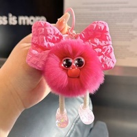 Pendentif Pompom en fausse fourrure de lapin Rex fait main, mignon, avec nœud, porte-clés, breloque de sac et jouet en peluche en forme de personnage de dessin animé