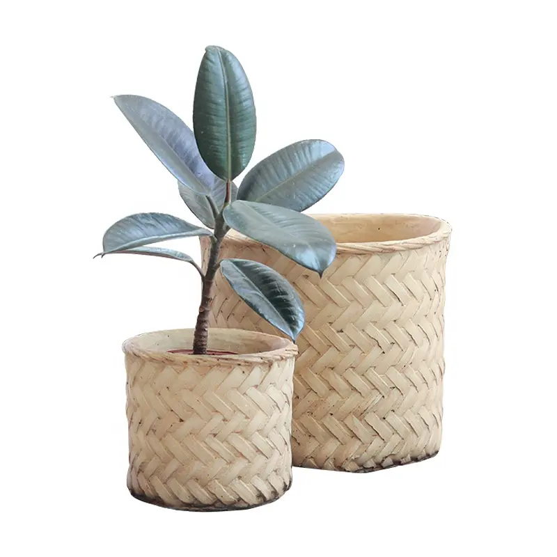 Classic traditional chinese bamboo weaving design cement plant pots for home garden decor