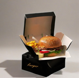 Tùy chỉnh có thể gập lại hamburger, khoai tây chiên, cánh gà, cá nhân bao bì thực phẩm màu đen, vuông trắng thẻ hộp giấy - Product Image 1
