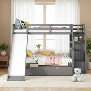 Lit superposé scandinave moderne pour enfants avec toboggan |   <span class=keywords><strong>Bois</strong></span> de pin massif certifié EN 747 |   Expédition DDP vers l'Europe - Product Image 1