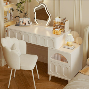 Toeletta in Legno Stile Crema con Specchio Illuminato, Moderna Minimalista, Novità 2025, Scrivania per Ragazze per Piccoli Spazi, Tavolo Trucco con Contenitore - Product Image 3