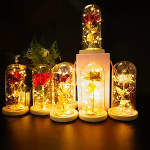 Artificial Eternal Rose LED Light Beauty The Beast Glass Christmas Party Supplies For Mother Valentines Day New Year Gift