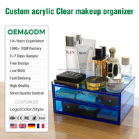 Boîte de rangement pour cosmétiques en acrylique transparente de luxe bleue, empilable, fabriquée par l'usine OEM, pour le bureau, la maison, la boutique