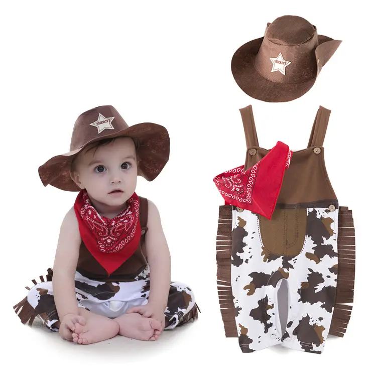 Evento de aniversário de halloween cosplay, roupas 0-3 anos, chapéu, lenço, macacão de bebê, roupa de cowboy HCFB-012