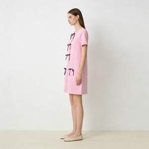 Abiti <span class=keywords><strong>Chic</strong></span> da <span class=keywords><strong>Donna</strong></span> con Collo Tondo, Maniche Corte, Decorazione a Fiocco, Tasche Applicate, Vestibilità Aderente, Lunghezza Mini, Abiti Casual - Product Image 4