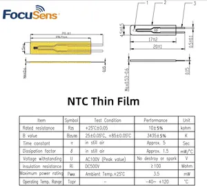 Focusens ฟิล์มไวตอบสนองเร็ว10K 3435K เทอร์มิสเตอร์5% NTC เซ็นเซอร์วัดอุณหภูมิสำหรับก้อนแบตเตอรี่