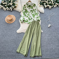 Ensemble deux pièces pour femmes, chemise à manches longues à imprimé décontracté et pantalon large à taille haute pour le printemps et l'été