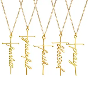 SC Wholesale Gold Plated Cross Pendant Necklace Creative Inspirational Letter Hope Believe Grateful Charms Cross Necklace Women
