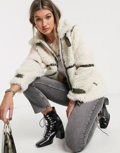 Cappotti KY da donna con colletto spalancato con chiusura a Zip con tasche funzionali fibbie invernali in pelle Borg Coa giacca in pile da donna - Product Image 5