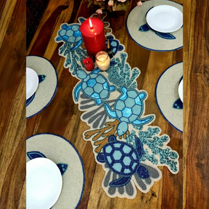 Embroidered Cotton <b>Table</b> <b>Runner</b> Sea Turtle Pattern Rustic Style Home Decor <b>Blue</b> Beige - Product Image 1