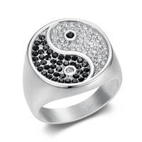Bague pour homme en acier inoxydable plaqué or avec motif Tai Chi, incrustée de zircons noirs et blancs, style transfrontalier Europe-Amérique