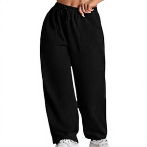 Pantalon en molleton de coton noir pour femme, coupe ample à jambe large, taille mi-haute avec cordon de serrage, décontracté, longueur intégrale, couleur unie, style automne - Product Image 4
