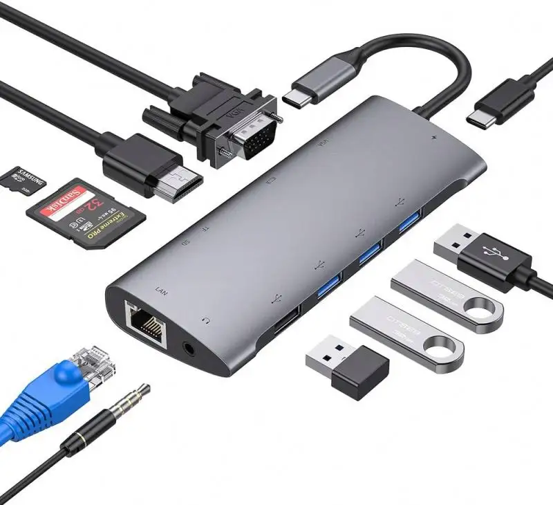 Jumon alüminyum adaptörü USB tip C Hub 11 in 1 yerleştirme 4K MD 1080P VGA Rj45 Gigabit Ethernet C SD TF 11 in 1 USB C Hub