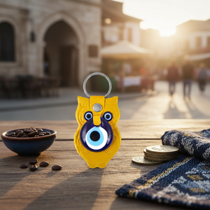 Porte-clés en faux cuir doré en forme de hibou avec mauvais œil fait à la main de Turquie - Product Image 5