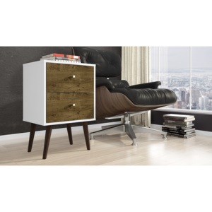 Table de chevet blanche en bois rustique brun, 2 tiroirs, style moderne du milieu du siècle, meubles de chambre à coucher - Product Image 2