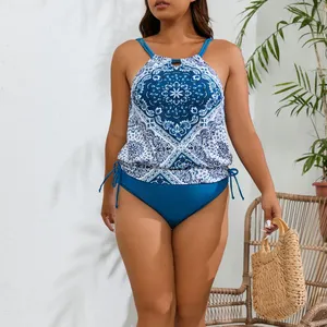 Bestwayclox 2024 baru dicetak tankini untuk wanita gemuk Plus ukuran baju renang XL-4XL larut dalam air Bikini baju renang punggung terbuka OEM